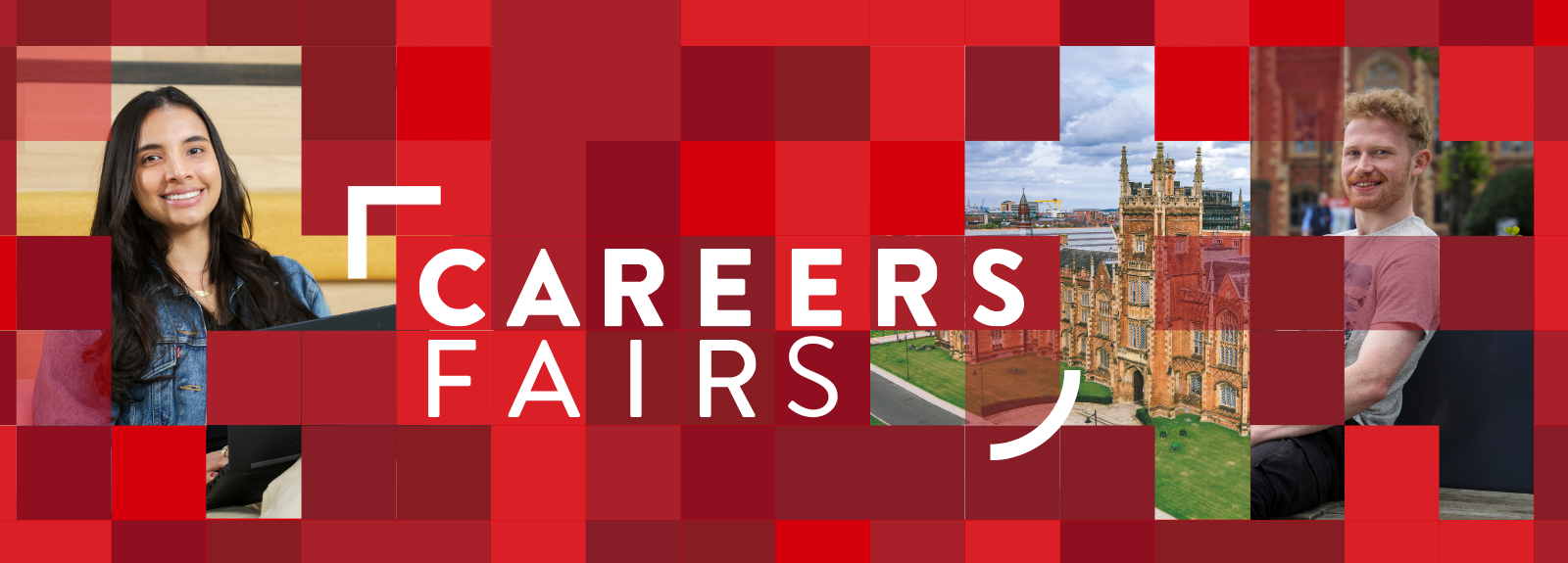 words careers fairs with a red background and students